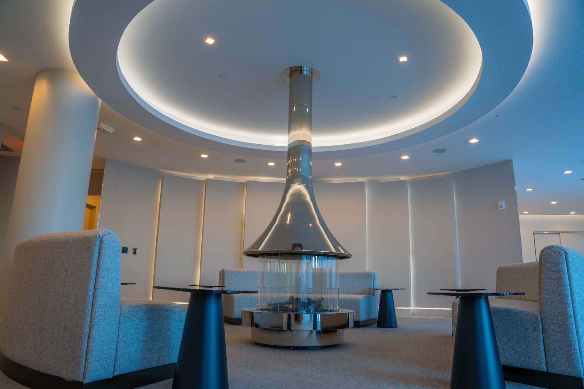 Room with fireplace.